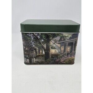 THOMAS KINKADE GREEN METAL FARMHOUSE GRAPHIC RECIPE BOX UNUSED COTTAGECORE DECOR